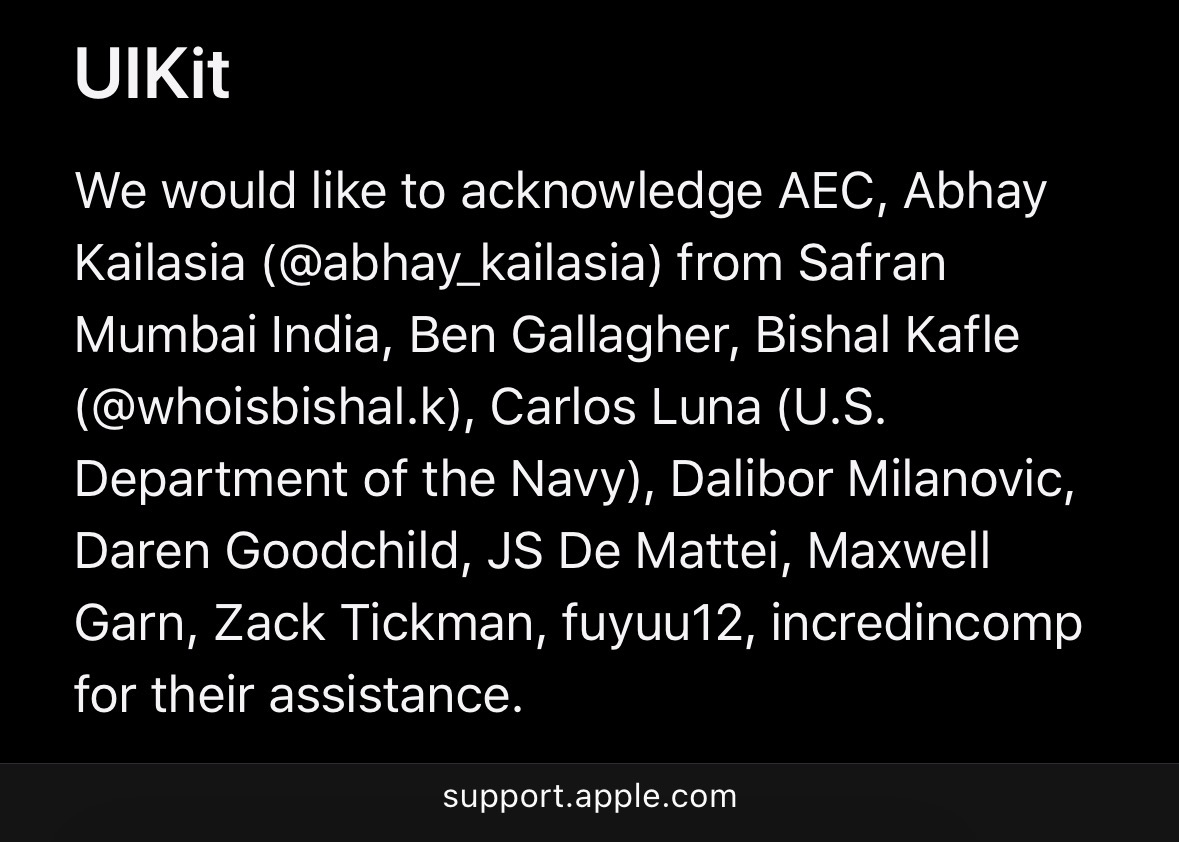 Apple security advisory acknowledgement screenshot showing UIKit recognition and the incredincomp handle in the acknowledgement list.